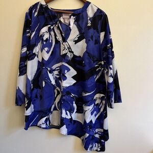 Chico's 2 Blouse Women L Blue Floral Assymetrical Double Layer Abstract Water